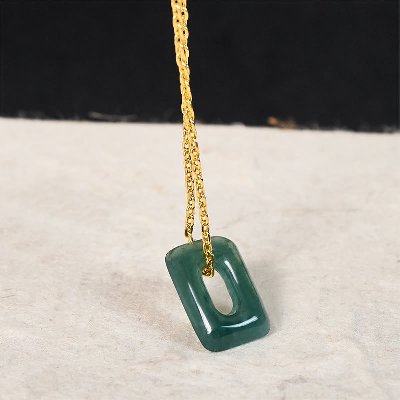 Buddha Stones ミニスクエアグリーンジェイドアバンダンスネックレスペンダント - ミニスクエア型天然翡翠（色味は個体差があります） - ゴールデン - image 1