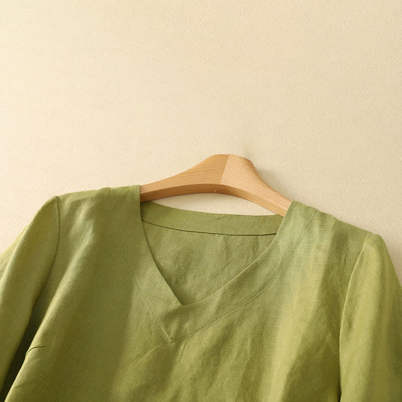 Buddha Stones 夏物ミニマリストVネック無地レディース半袖Tシャツ - image 1
