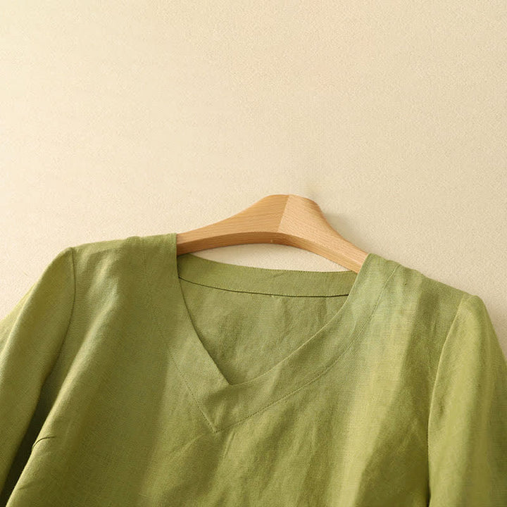 Buddha Stones 夏物ミニマリストVネック無地レディース半袖Tシャツ - image 1