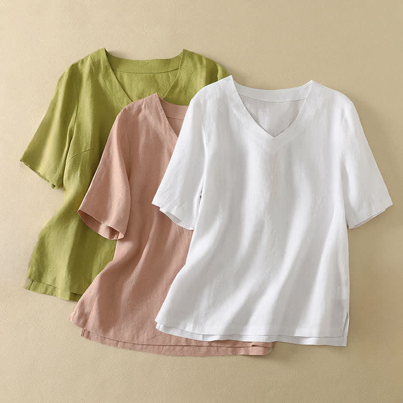 Buddha Stones 夏物ミニマリストVネック無地レディース半袖Tシャツ - image 20