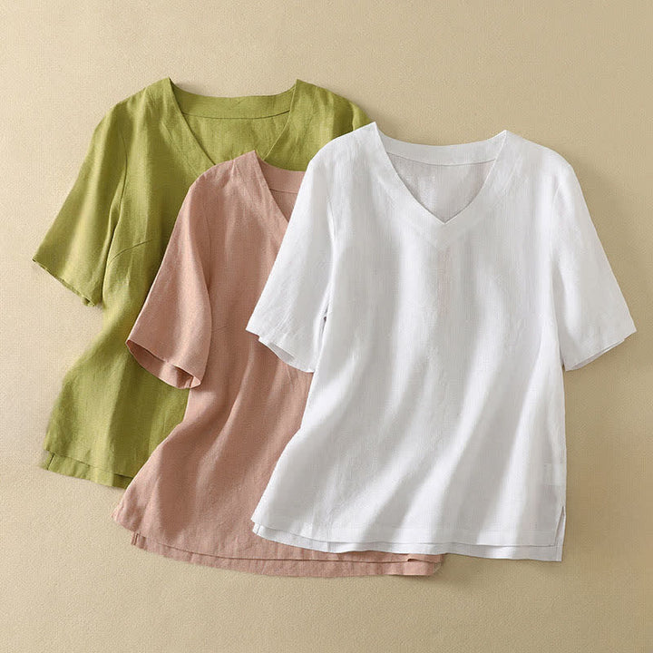 Buddha Stones 夏物ミニマリストVネック無地レディース半袖Tシャツ - image 20