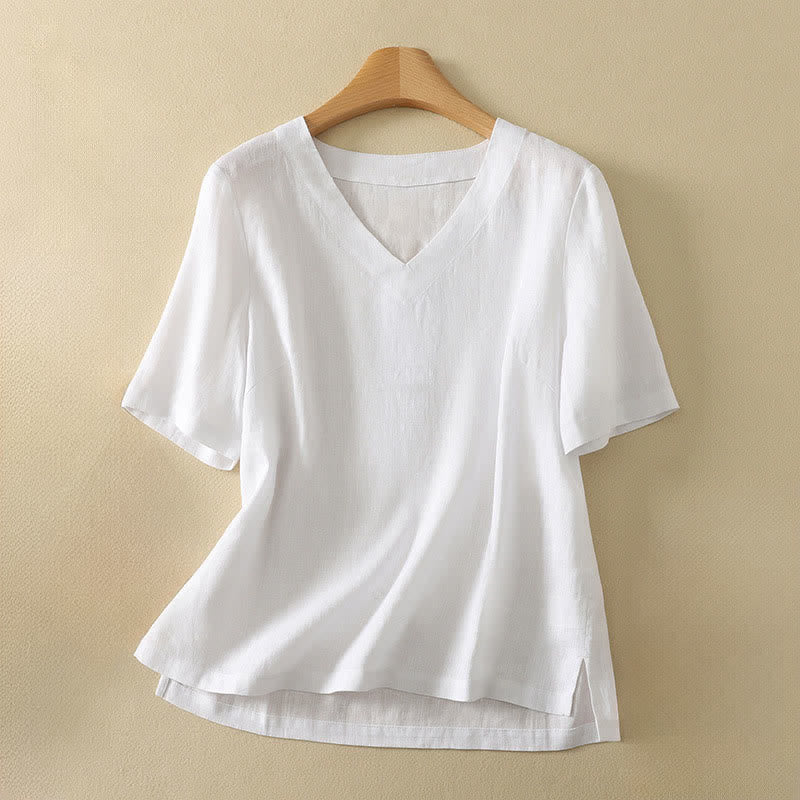 Buddha Stones 夏物ミニマリストVネック無地レディース半袖Tシャツ - 白 - US8-10，UK/AU12-14，EU40-42 (2XL) - image 10