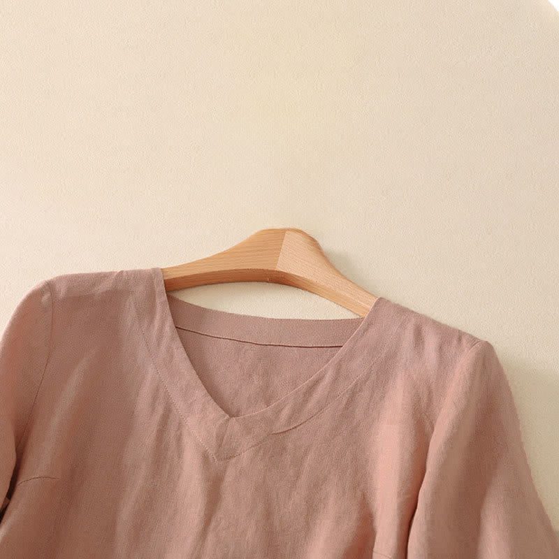 Buddha Stones 夏物ミニマリストVネック無地レディース半袖Tシャツ - image 6