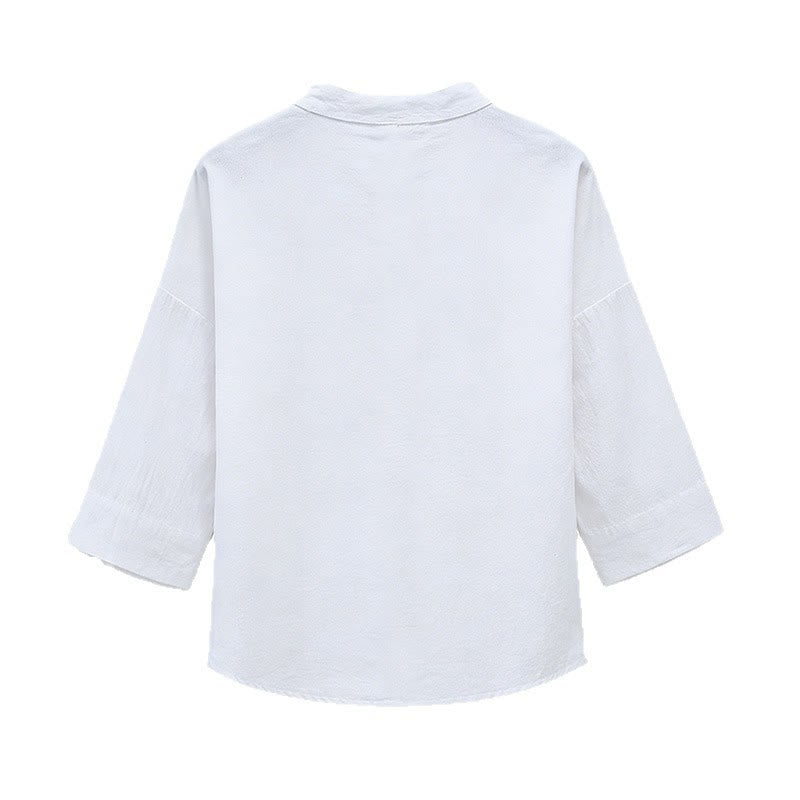 Buddha Stones 夏物唐風刺繍入りマンダリンカラー書道プリントメンズ肘丈袖Tシャツ - image 2