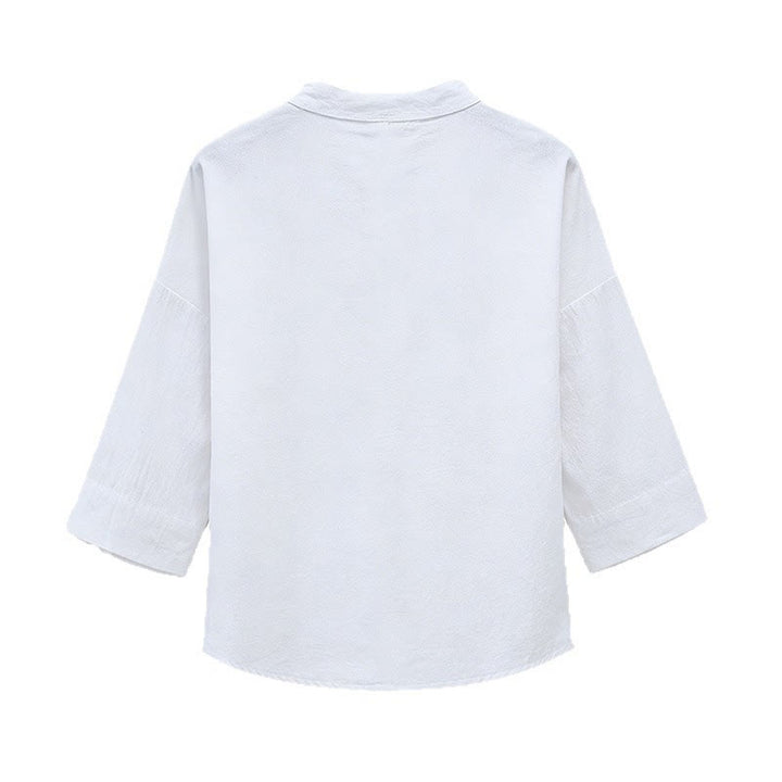 Buddha Stones 夏物唐風刺繍入りマンダリンカラー書道プリントメンズ肘丈袖Tシャツ - image 2