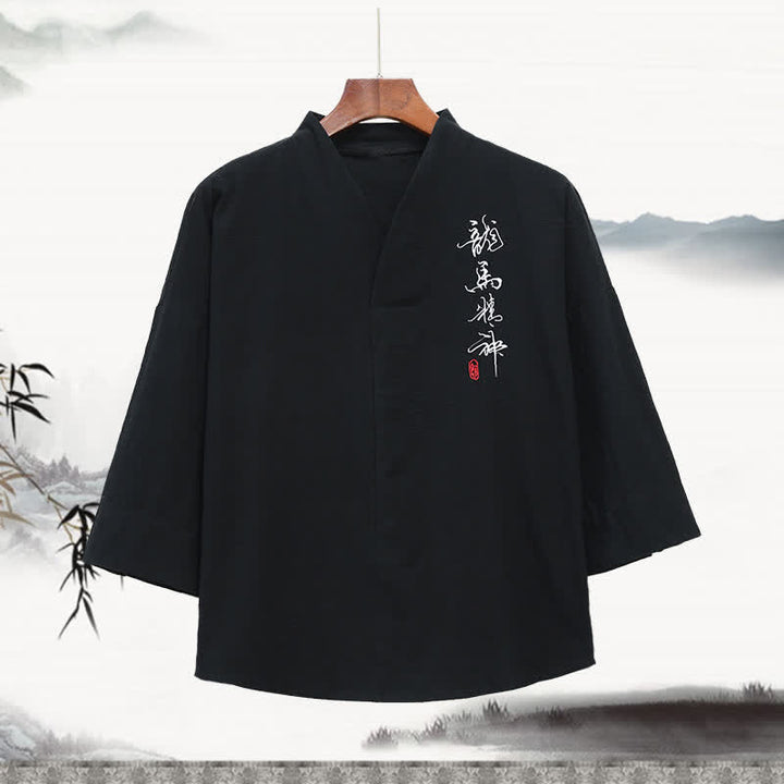 Buddha Stones 夏物唐風刺繍入りマンダリンカラー書道プリントメンズ肘丈袖Tシャツ - 黒 - US/UK/AU46、 EU56 (5XL) - image 0