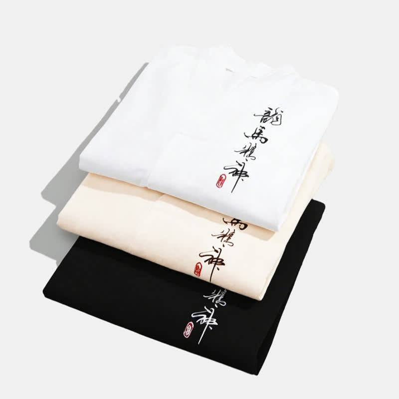 Buddha Stones 夏物唐風刺繍入りマンダリンカラー書道プリントメンズ肘丈袖Tシャツ - image 5