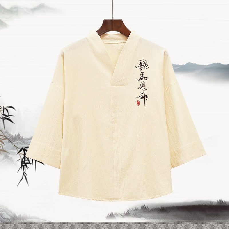 Buddha Stones 夏物唐風刺繍入りマンダリンカラー書道プリントメンズ肘丈袖Tシャツ - アンティークホワイト - US/UK/AU46、 EU56 (5XL) - image 3