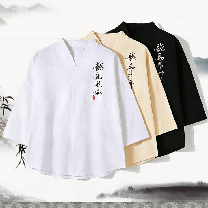Buddha Stones 夏物唐風刺繍入りマンダリンカラー書道プリントメンズ肘丈袖Tシャツ - image 4