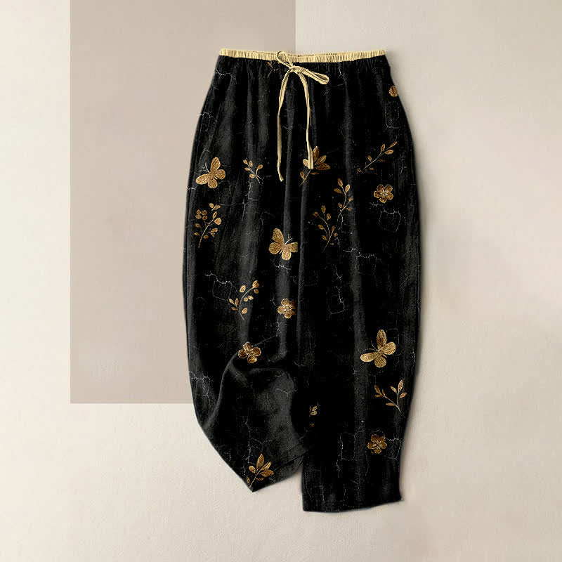 Buddha Stones 純綿ゴールド蝶花柄レディースゴムウエストパンツ（ポケット付き） - 黒 - US16、 UK/AU20、 EU48 (3XL) - image 5