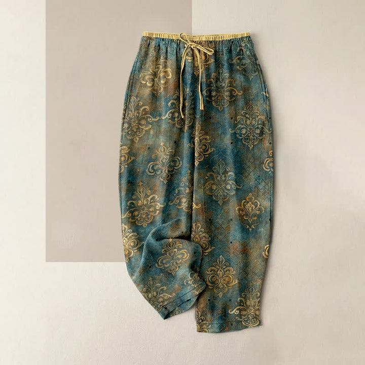 Buddha Stones ヴィンテージダマスク柄 レディース ゴムウエスト パンツ ポケット付き - ティール - US16、 UK/AU20、 EU48 (3XL) - image 0