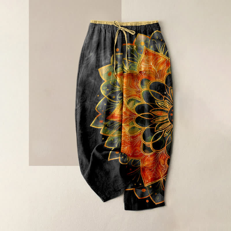 Buddha Stones 純綿ゴールドマンダラ柄レディースゴムウエストパンツ（ポケット付き） - 黒 - US16、 UK/AU20、 EU48 (3XL) - image 5