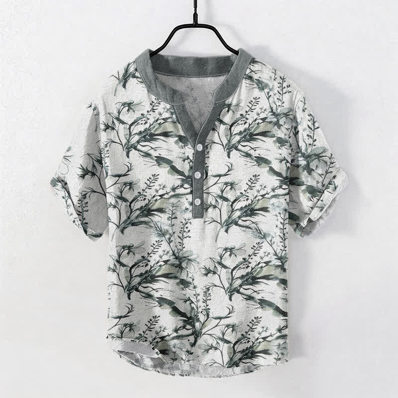 Buddha Stones ピュアコットン ラベンダー柄 メンズ 半袖 ハーフボタンシャツ - ライトグレー - US/UK/AU50、EU60（5XL） - image 0