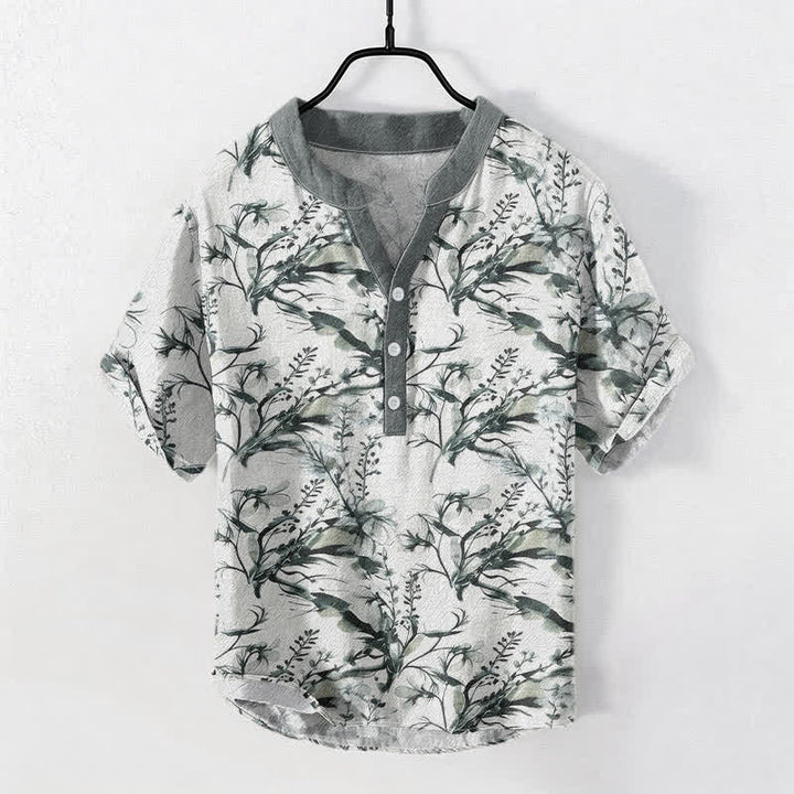Buddha Stones ピュアコットン ラベンダー柄 メンズ 半袖 ハーフボタンシャツ - ライトグレー - US/UK/AU50、EU60（5XL） - image 0
