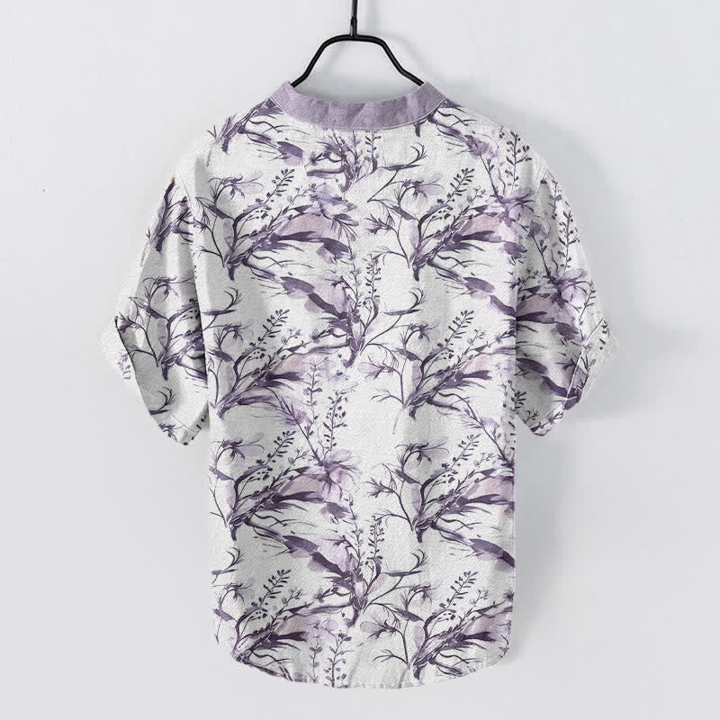 Buddha Stones ピュアコットン ラベンダー柄 メンズ 半袖 ハーフボタンシャツ - 水色 - US/UK/AU50、EU60（5XL） - image 4