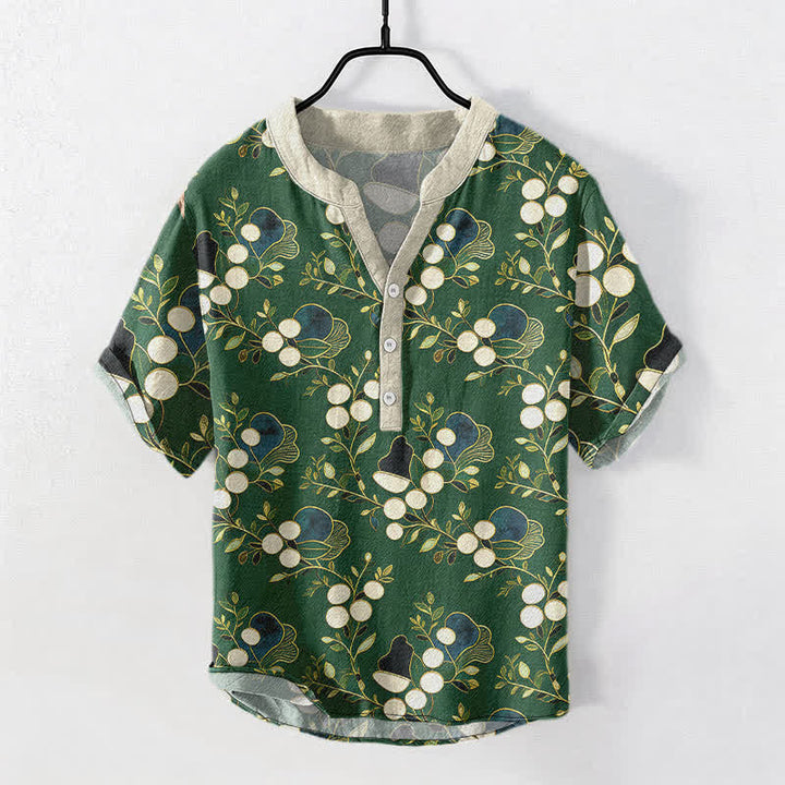 Buddha Stones コットン製花柄ベリー柄メンズ半袖ハーフボタンシャツ - フォレストグリーン - US/UK/AU50、EU60（5XL） - image 0