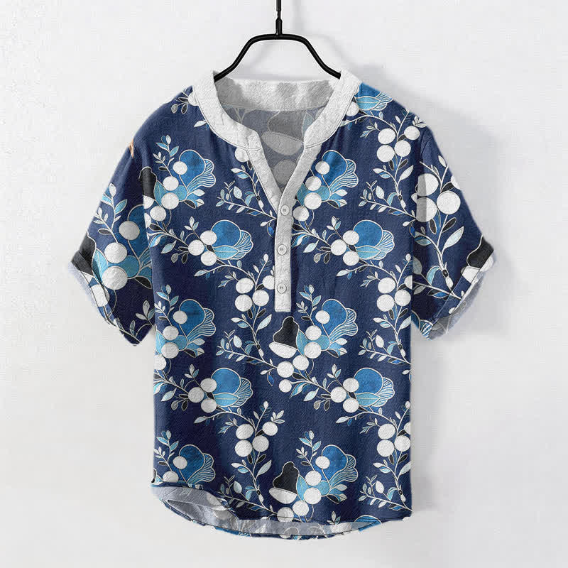 Buddha Stones コットン製花柄ベリー柄メンズ半袖ハーフボタンシャツ - 海軍 - US/UK/AU50、EU60（5XL） - image 5