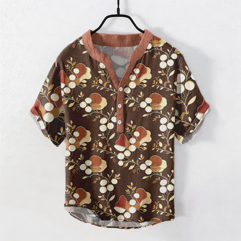 Buddha Stones コットン製花柄ベリー柄メンズ半袖ハーフボタンシャツ - サドルブラウン - US/UK/AU50、EU60（5XL） - image 7
