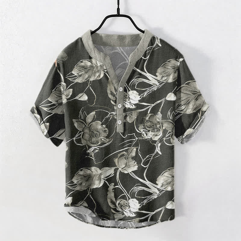 Buddha Stones コットン素材の植物柄リーフ模様メンズ半袖ハーフボタンシャツ - 黒 - US/UK/AU50、EU60（5XL） - image 0