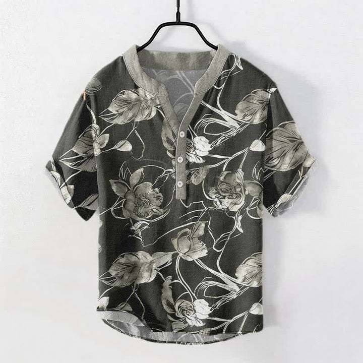 Buddha Stones コットン素材の植物柄リーフ模様メンズ半袖ハーフボタンシャツ - 黒 - US/UK/AU50、EU60（5XL） - image 0