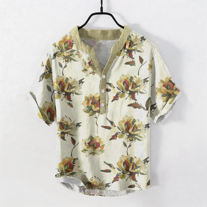 Buddha Stones コットン製ヴィンテージ花柄模様メンズ半袖ハーフボタンシャツ - リネン - US/UK/AU50、EU60（5XL） - image 0