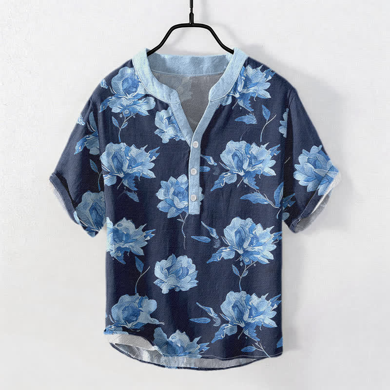 Buddha Stones コットン製ヴィンテージ花柄模様メンズ半袖ハーフボタンシャツ - 海軍 - US/UK/AU50、EU60（5XL） - image 3