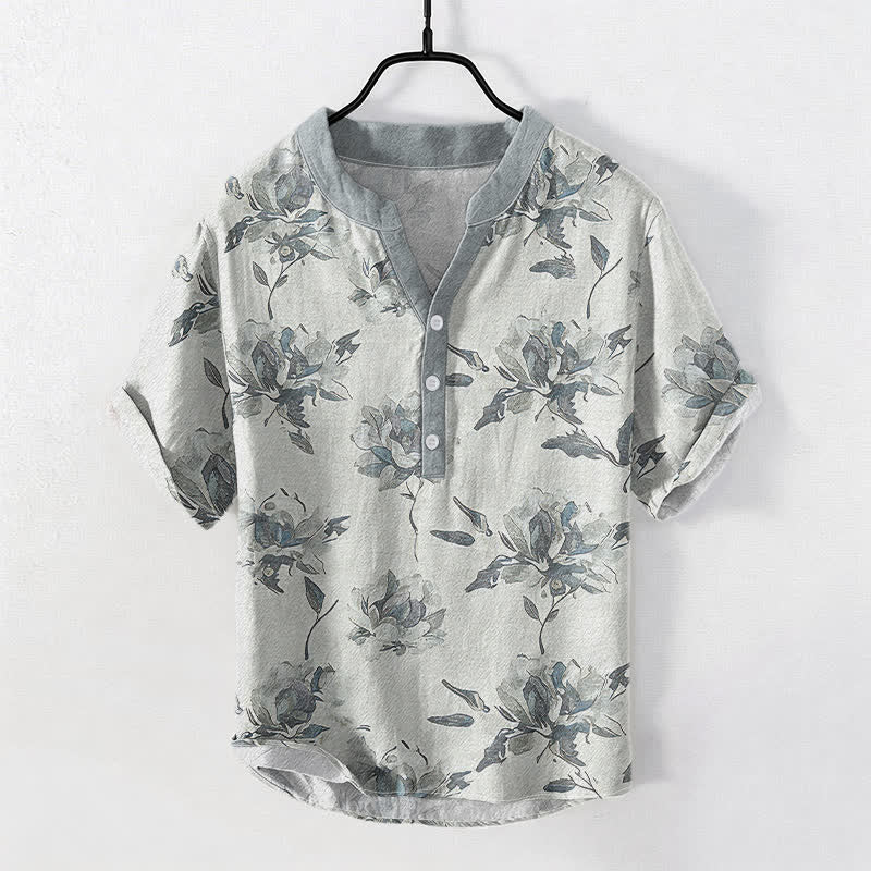 Buddha Stones コットン製ヴィンテージ花柄模様メンズ半袖ハーフボタンシャツ - ライトグレー - US/UK/AU50、EU60（5XL） - image 5