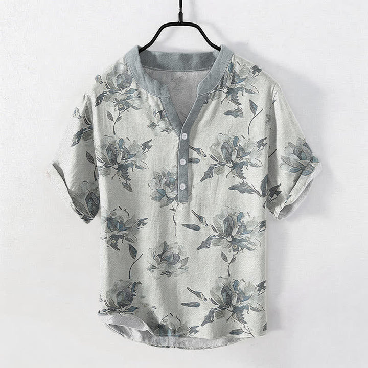 Buddha Stones コットン製ヴィンテージ花柄模様メンズ半袖ハーフボタンシャツ - ライトグレー - US/UK/AU50、EU60（5XL） - image 5