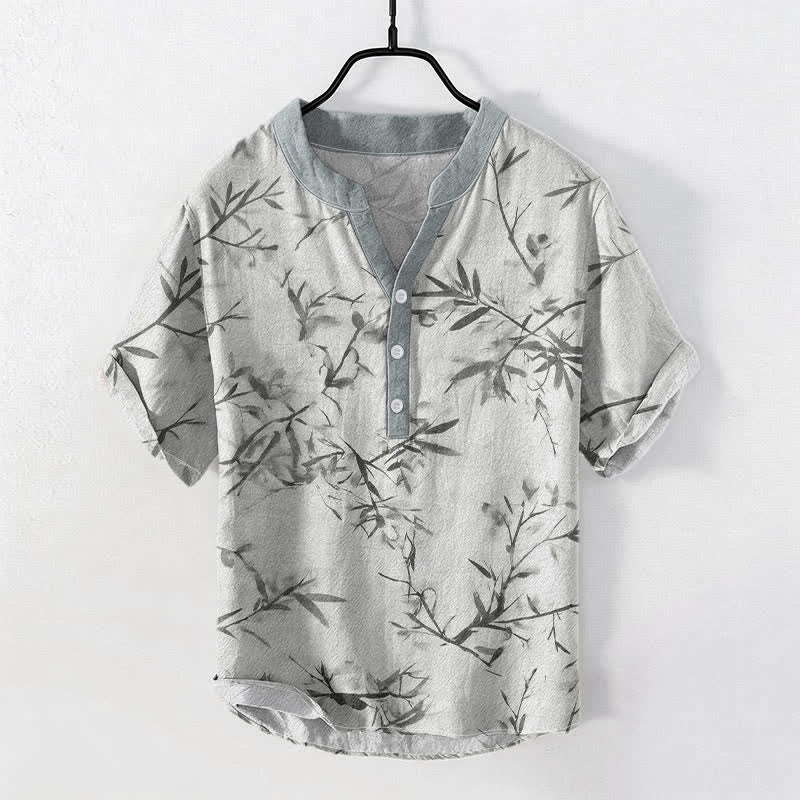 Buddha Stones 綿素材の竹墨柄メンズ半袖ハーフボタンシャツ - ライトグレー - US/UK/AU50、EU60（5XL） - image 0