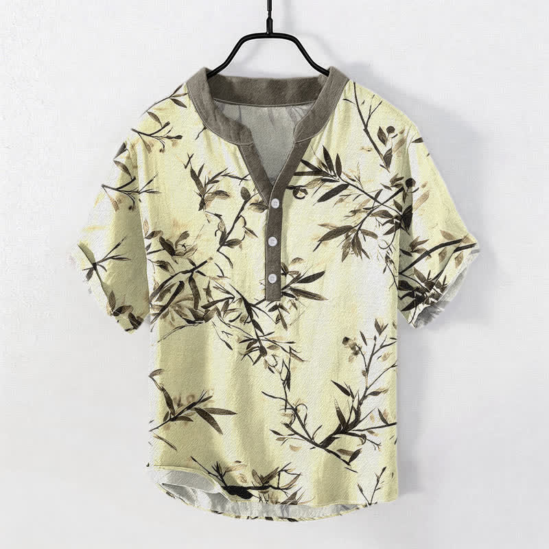 Buddha Stones 綿素材の竹墨柄メンズ半袖ハーフボタンシャツ - 薄黄色 - US/UK/AU50、EU60（5XL） - image 3