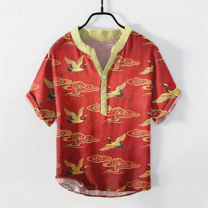 Buddha Stones 綿素材の金鶴と吉祥雲柄メンズ半袖ハーフボタンシャツ - クリムゾン - US/UK/AU50、EU60（5XL） - image 5