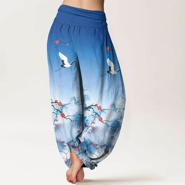 Buddha Stones ピュアコットン ブルーグラデーション 鶴の花柄 レディース ゴムウエスト ハーレムパンツ - image 1