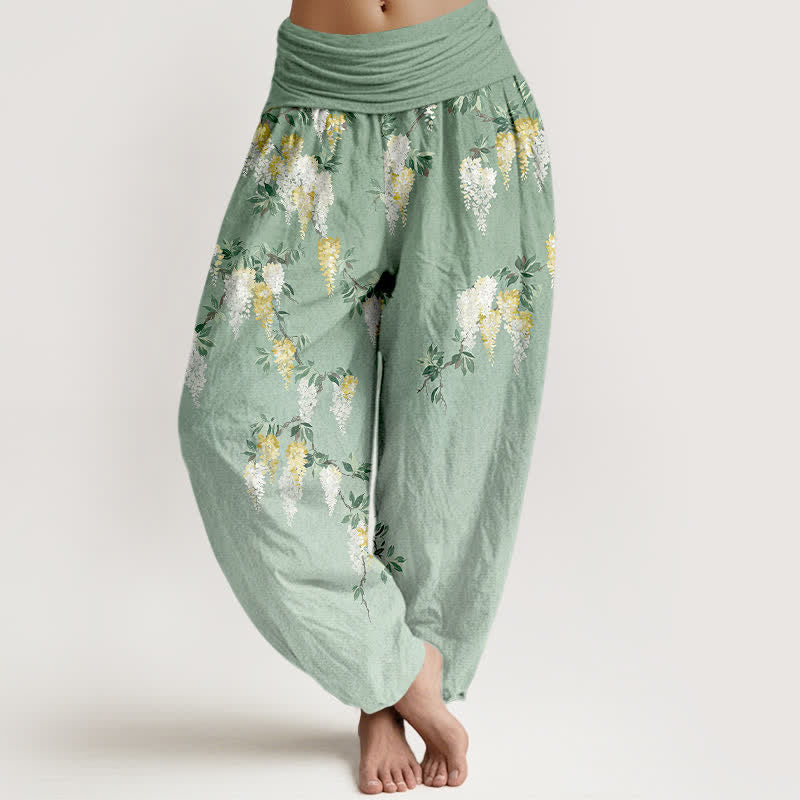 Buddha Stones 純綿 白 黄 花柄 レディース ゴムウエスト ハーレムパンツ - ライトグリーン - US16、 UK/AU20、 EU48 (3XL) - image 0