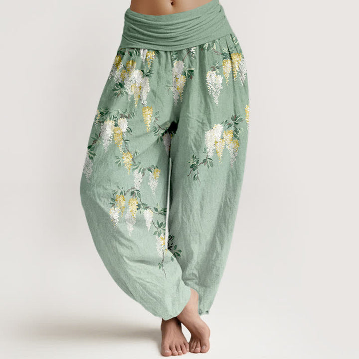 Buddha Stones 純綿 白 黄 花柄 レディース ゴムウエスト ハーレムパンツ - ライトグリーン - US16、 UK/AU20、 EU48 (3XL) - image 0