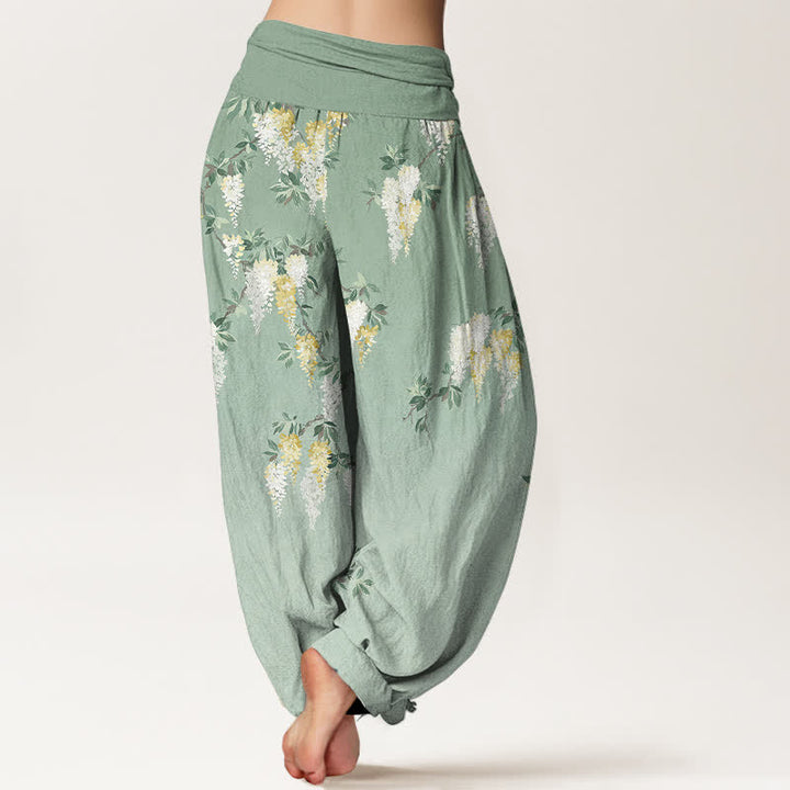 Buddha Stones 純綿 白 黄 花柄 レディース ゴムウエスト ハーレムパンツ - image 1