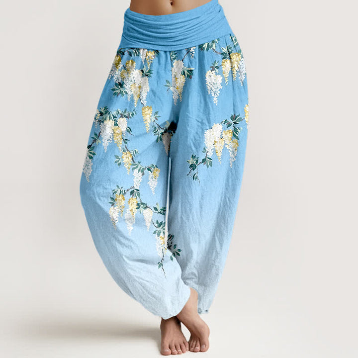 Buddha Stones 純綿 白 黄 花柄 レディース ゴムウエスト ハーレムパンツ - 水色 - US16、 UK/AU20、 EU48 (3XL) - image 8