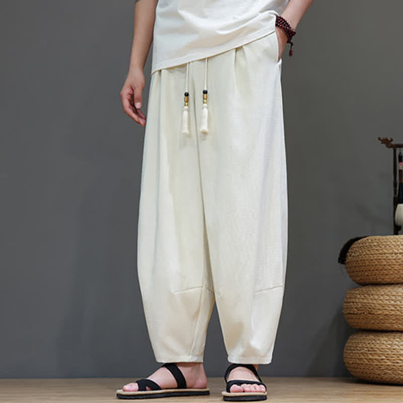 Buddha Stones 夏用ドローストリング付き無地メンズ伸縮性ウエストハーレムパンツ（ポケット付き） - image 14