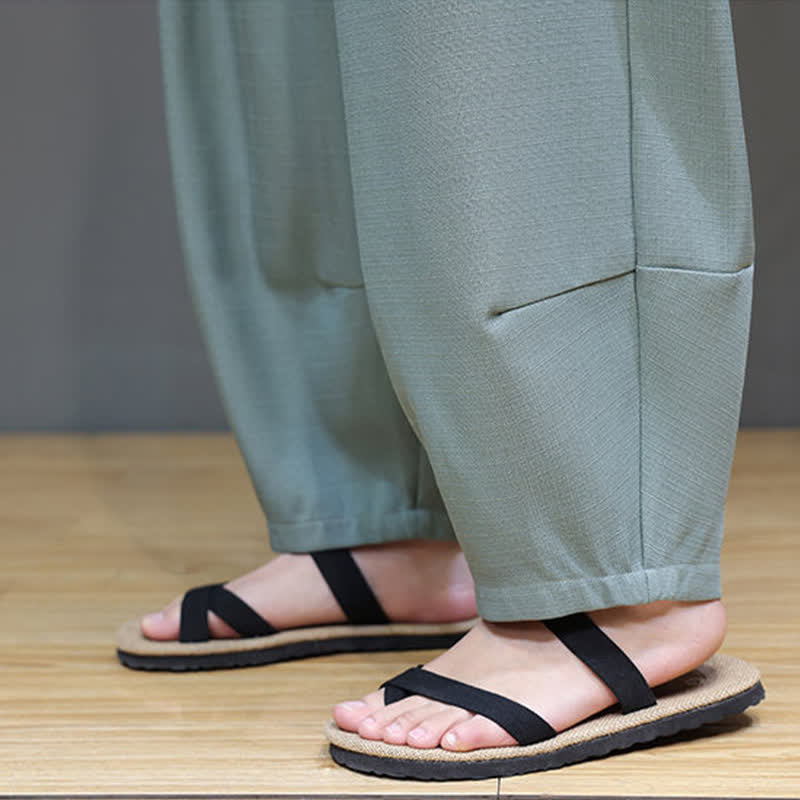Buddha Stones 夏用ドローストリング付き無地メンズ伸縮性ウエストハーレムパンツ（ポケット付き） - image 9