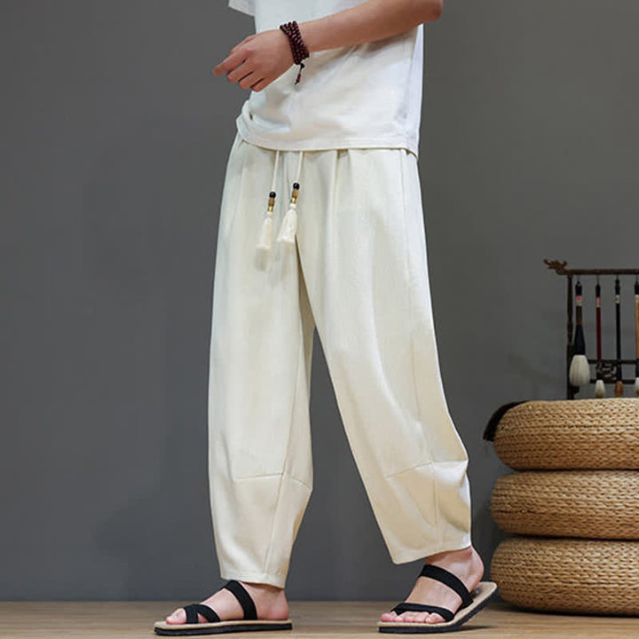 Buddha Stones 夏用ドローストリング付き無地メンズ伸縮性ウエストハーレムパンツ（ポケット付き） - image 16