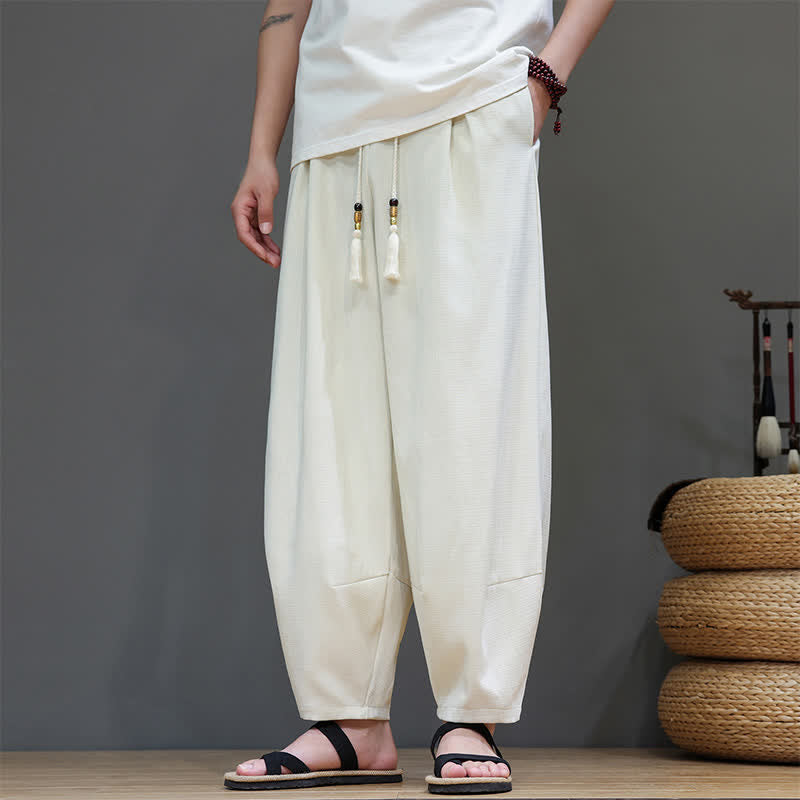 Buddha Stones 夏用ドローストリング付き無地メンズ伸縮性ウエストハーレムパンツ（ポケット付き） - image 11