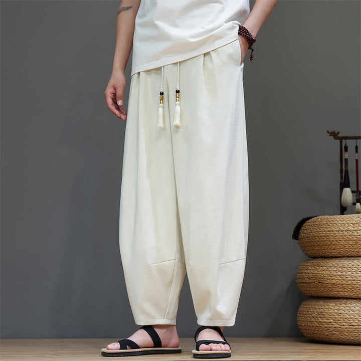 Buddha Stones 夏用ドローストリング付き無地メンズ伸縮性ウエストハーレムパンツ（ポケット付き） - image 11