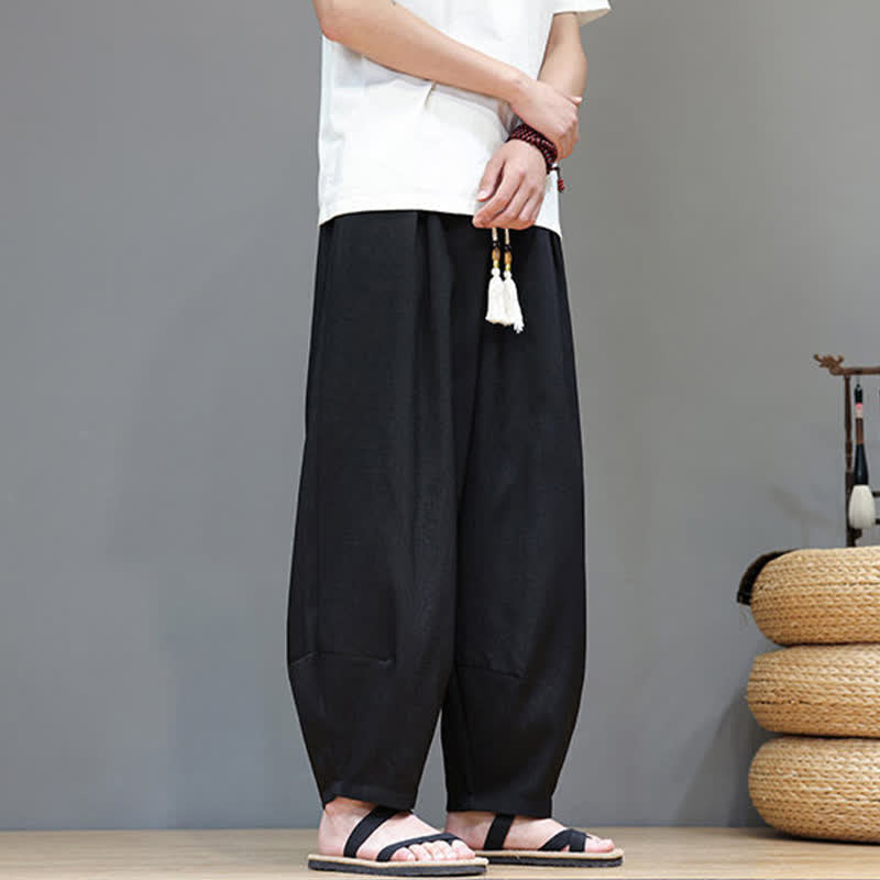 Buddha Stones 夏用ドローストリング付き無地メンズ伸縮性ウエストハーレムパンツ（ポケット付き） - image 27