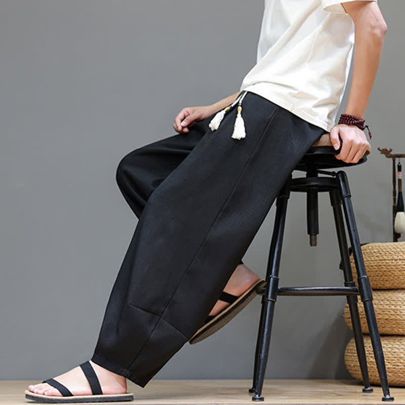Buddha Stones 夏用ドローストリング付き無地メンズ伸縮性ウエストハーレムパンツ（ポケット付き） - image 28