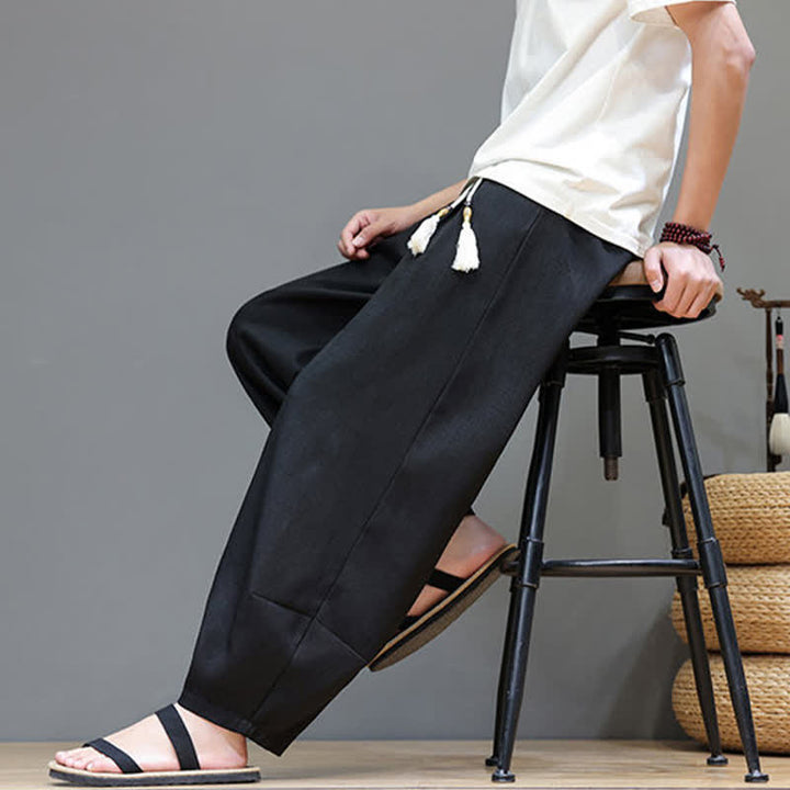 Buddha Stones 夏用ドローストリング付き無地メンズ伸縮性ウエストハーレムパンツ（ポケット付き） - image 28