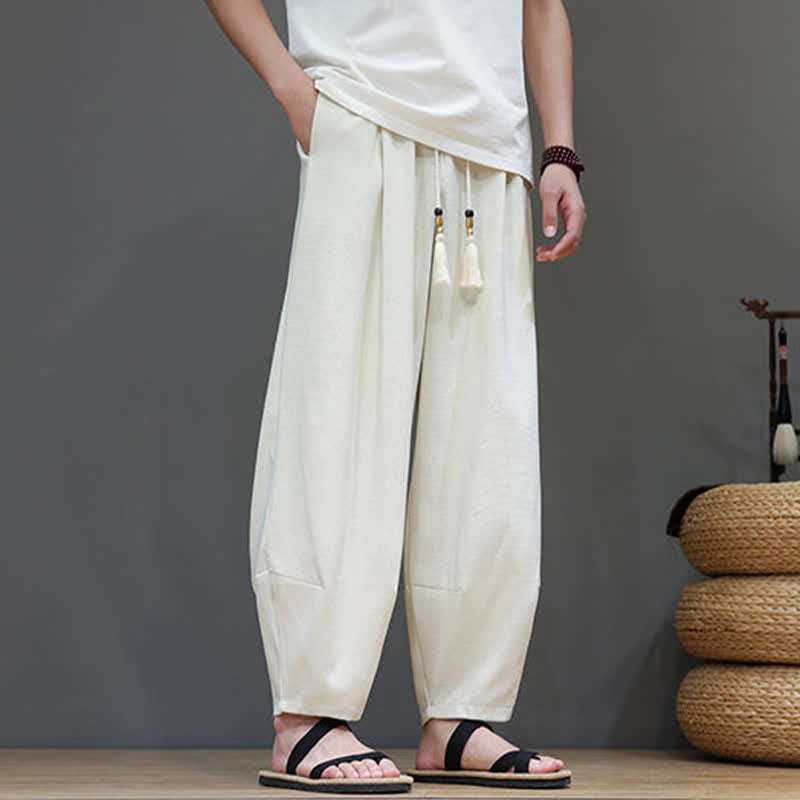 Buddha Stones 夏用ドローストリング付き無地メンズ伸縮性ウエストハーレムパンツ（ポケット付き） - image 13