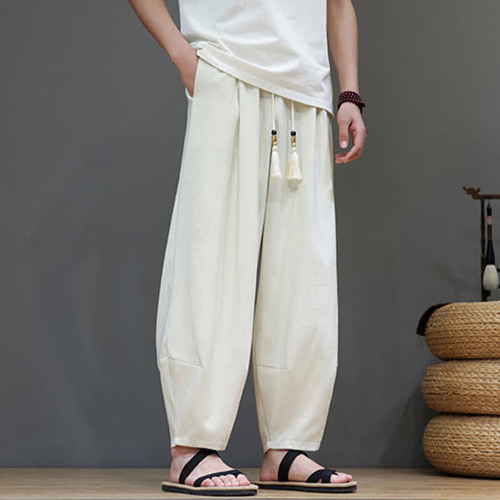 Buddha Stones 夏用ドローストリング付き無地メンズ伸縮性ウエストハーレムパンツ（ポケット付き） - image 13