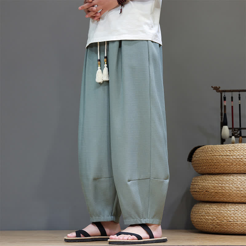Buddha Stones 夏用ドローストリング付き無地メンズ伸縮性ウエストハーレムパンツ（ポケット付き） - image 2