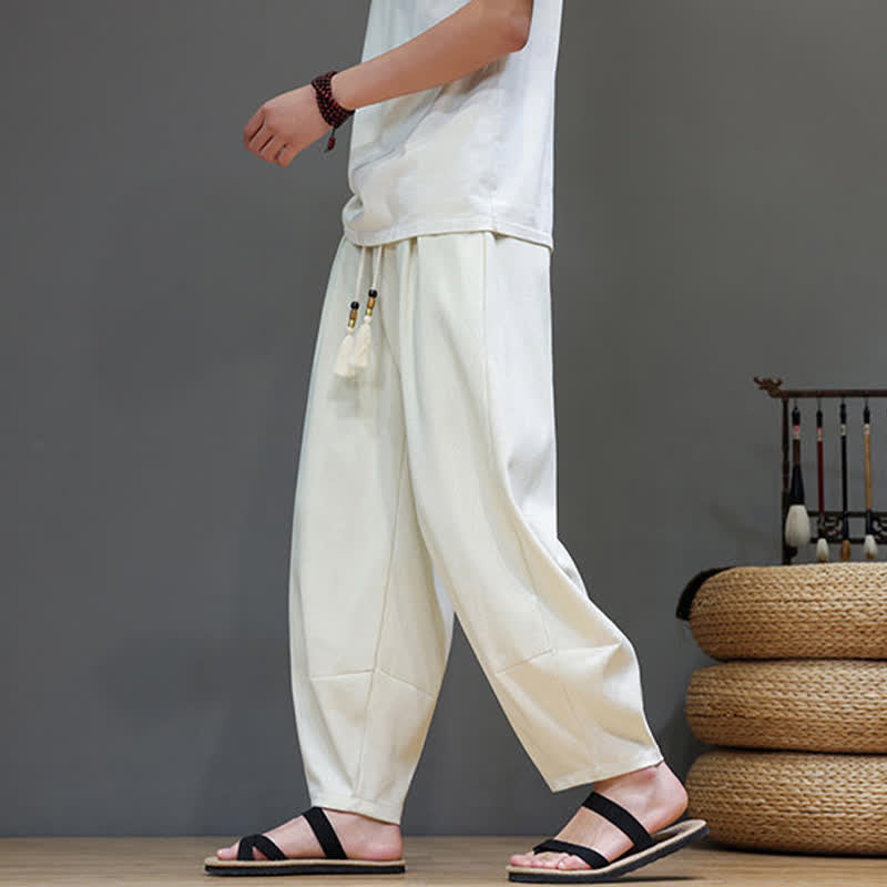 Buddha Stones 夏用ドローストリング付き無地メンズ伸縮性ウエストハーレムパンツ（ポケット付き） - image 15