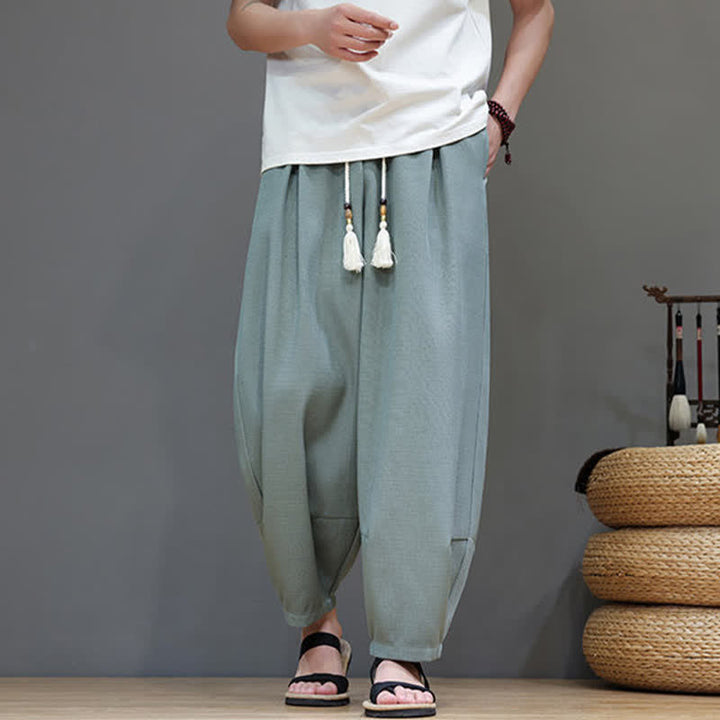 Buddha Stones 夏用ドローストリング付き無地メンズ伸縮性ウエストハーレムパンツ（ポケット付き） - image 5