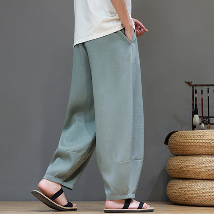 Buddha Stones 夏用ドローストリング付き無地メンズ伸縮性ウエストハーレムパンツ（ポケット付き） - image 4